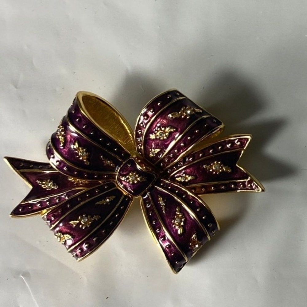 Gold Tone Purple Enamel Bow Brooch Pin Rhinestone Accents‎